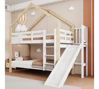 Terahanda Letto a castello con scivolo e scaletta angolare a tre gradini, letto a casetta con protezione anticaduta, lettino per bambini, telaio letto in legno massello, bianco+naturale, 90x200 cm