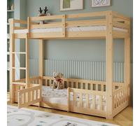 Terahanda Letto a castello, in legno di pino + LVL, con scala ad angolo retto, con ringhiera e porta, con protezione anticaduta, spazio libero sotto il letto, 90 x 200 cm (naturale)