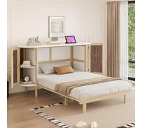 Terahanda Letto a scomparsa da 140 x 200 cm, letto pieghevole a scomparsa, con rete a doghe, vani contenitori, design in vimini, letto in legno, letto per ragazzi, letto singolo (Wood)