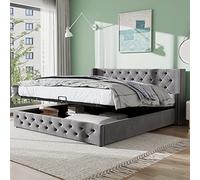 Terahanda Letto imbottito a forma di orecchie Doppia fila di borchie Velluto, cuciture con bottoni Testiera e pediera, letto matrimoniale Letto funzionale idraulico (Grigio, 140 * 190cm)