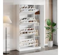 Terahanda Moderno armadio portascarpe con specchio, 4 ripiani ribaltabili, ripiano regolabile dietro lo specchio destro, ideale per l'ingresso, bianco, dimensioni: L80/H147/P24 cm