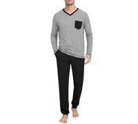 Terecey Pigiama Uomo Invernale Cotone Pigiami Due Pezzi Lungo con Scollo a V Set da Notte Casa con Top a Manica Lunga e Pantaloni Pigiami con 3 Tasche per la Casa