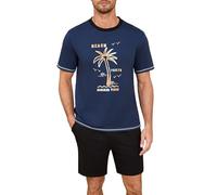 Terecey Pigiami Uomo Cotone Corto Manica Corta Pigiama Estivo 2 Pezzi Leggero T Shirt con Stampa di Palme Hawaiane E Pantaloncini Pigiama Corto Uomo Blu Marino L