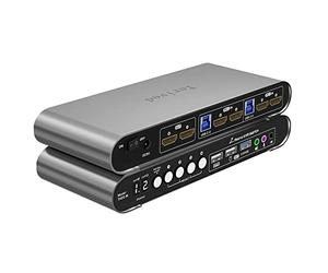 Terived 2 Computer 2 Monitor HDMI Matrix Automatic KVM Switch 4K@60Hz, Commutazione Hotkey, EDID, Display digitale e guscio in alluminio, USB 3.0 Hub Audio Microfono con Cavi