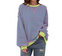 TERIVEEK Felpa da Donna Oversize a Maniche Lunghe con Girocollo, Design a Blocchi di Colore e Righe, vestibilità Comoda e Casual, Stile Anni 2000, Rosa, S