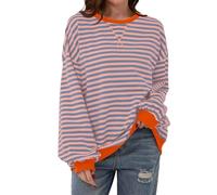 TERIVEEK Felpa da Donna Oversize a Righe a Blocchi di Colore a Maniche Lunghe Girocollo Casual Pullover Allentato Y2K Camicia Top, Rosa e Blu., X-Large