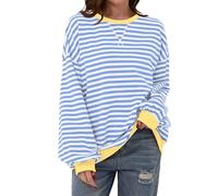 TERIVEEK Felpa da Donna Oversize a Righe a Blocchi di Colore a Maniche Lunghe Girocollo Casual Pullover Allentato Y2K Camicia Top, Blu e Bianco., L