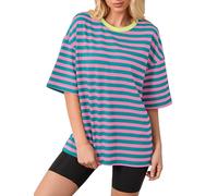 TERIVEEK T-shirt da donna oversize a righe a blocchi di colore a maniche corte girocollo magliette casual allentate pullover top maglietta estiva, Colore: rosa e verde., S