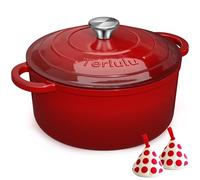 Terlulu Casseruola rotonda in ghisa smaltata con coperchio e presine in cotone, 26 cm, 4,75 l, antiaderente, per forno olandese, resistente, per cuocere il pane, brasare, stufati, arrosti, colore