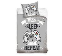 termana Set di biancheria da letto per bambini e ragazzi in grigio, federa 80 x 80 cm + copripiumino 135 x 200 cm, biancheria da letto per gamer Eat Game Sleep Repeat