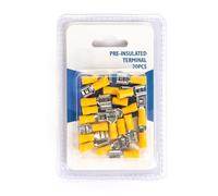 Terminale FDD2-250 giallo pre-isolato in blister da 20 pezzi, ideale per collegamenti elettrici sicuri ed efficienti, garantendo prestazioni ottimali nei progetti elettrici.