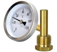 Termometro bimetallico da 0 °C a 120 °C, quadrante da 63 mm, alloggiamento in acciaio inox, stelo 8 x 50 mm, tasca in ottone da 1/2", per manometro per riscaldamento centralizzato di acqua, olio, aria
