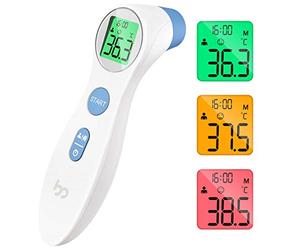 Termometro frontale a infrarossi contactless per neonati adulti, digitale, 2 in 1 a lettura immediata, allarme febbre, display LCD, richiamo memoria con ora esatta, bianco