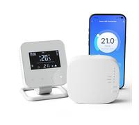 Termostato Caldaia Wifi a Batteria, Cronotermostato Smart Digitale con Ricevitore, Termostato Wireless con Telecomando, Montato in piedi o a Parete Compatibile con Alexa e Google Assistant Bianco
