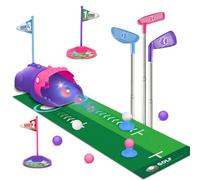 TERRAMUS Set da Golf Giocattolo per Bambini Dinosauro Automatico, Palline da Golf notturne Illuminate a LED, 3 Mazze, Tappetino da Putting,3-8 minigolf,Giocattoli Sportivi da Interno ed Esterno (Rosa)