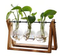 Terrario per piante con supporto in legno, vaso per fiori ad aria, vaso in vetro con bulbo, supporto girevole in metallo, stile retrò da scrivania per idroponica, decorazione per casa, giardino, uffic