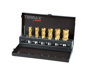 TERRAX Set di Punte a Corona HSS-TiN 7 Pezzi con Attacco Weldon 3/4″ - Rettificate CBN, Rivestimento Titanio, con Espulsore, in Cassetta Industriale