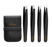 TerresaCOS Pinzetta professionale per donne, set di 4 pinzette per sopracciglia, con custodia in pelle, taglio preciso per la rimozione dei peli del viso, rimozione delle schegge, colore nero