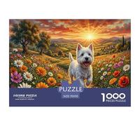 Terrier degli Highland occidentali Jigsaw Puzzle Impossible 1000 Pezzi Campo fiore tramonto Decorazione Per La Casa. Rilassamento E Intelligence Per Adulti E Ragazzi Da 14 Anni 70x50cm/1000pcs