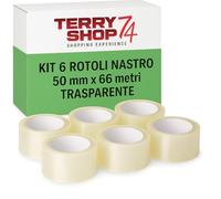 Terryshop74 6 Rotoli Nastro adesivo Silenzioso imballaggio trasporto 50mm x 66 metri per Imballaggi e magazzino, resistenti traslochi protezione Made in italy (6 Rotoli Trasparenti)