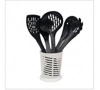 Terryshop74 Set 5 Mestoli da Cucina con Portamestoli, 6 Pezzi Utensili da Cucina Neri con Supporto, Mestolo, Schiumarola, Paletta e Servispaghetti, Accessori Cucina 30 cm