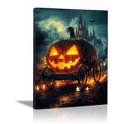TERUEA Decorazione artistica Halloween, Una carrozza zucche con un fantasma all'interno, decorazione per la casa a tema autunnale per soggiorno, camera letto, ufficio(Arancione)-60x90cm1 Incorniciato