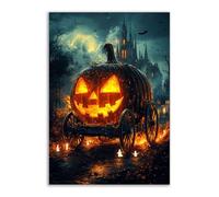 TERUEA Decorazione artistica Halloween, Una carrozza zucche con un fantasma all'interno, decorazione per la casa autunnale per soggiorno, camera letto, ufficio(Arancione)-40x60cm1 Non incorniciato