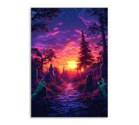 TERUEA Decorazioni Murali Fiori Acquerellati, Un cimitero con zombie che strisciano fuori dal terreno, Stampa su Tela Paesaggio Fiore Arte Murale Tela Pittura (Viola)-30x45cm1 Non incorniciato