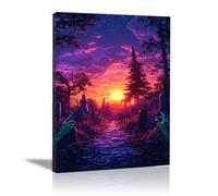 TERUEA Decorazioni Murali Fiori Acquerellati, Un cimitero con zombie che strisciano fuori dal terreno, Stampa su Tela Paesaggio Fiore Arte Murale Tela Pittura (Viola)-40x60cm1 Incorniciato