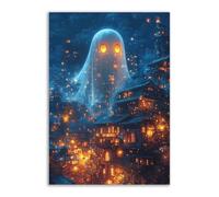 TERUEA Decorazioni Murali Fiori Acquerellati, Un fantasma che fluttua sopra un vecchio edificio, Stampa su Tela Paesaggio Fiore Arte Murale Tela Pittura (Bianco)-60x90cm1 Non incorniciato