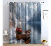 TERUEA Generico Tende per Interni, Una foresta si erge sulla riva innevata di un lago di montagna Tenda Oscurante Paesaggio Naturale Camera Letto -A140 x L110 cm (2 Pannelli)