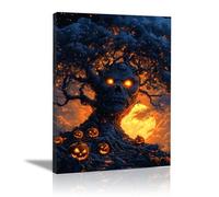 TERUEA Halloween Stampe Su Tela Parete Decorazioni Un albero con un volto e occhi malvagi, circondato zucche Letto Corridoio Bar (Marrone)-40x60cm1 Incorniciato