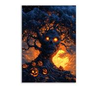 TERUEA Halloween Stampe Su Tela Parete Decorazioni Un albero con un volto e occhi malvagi, circondato zucche Letto Corridoio Bar (Marrone)-70x100cm1 Non incorniciato