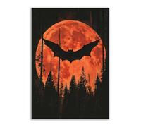 TERUEA Halloween Su Tela Parete Decorazioni Un pipistrello che vola su una luna rossa circondata quella nera, Parete Quadri Moderni Arte Per Camera Letto Soggiorno (Nero)-40x60cm1 Non incorniciato