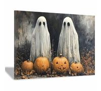 TERUEA Halloween Village Quadro Su Tela Canvas Due spiriti con velo bianco avvolto intorno al collo Parete Arte Per Camera Da Letto E Da Pranzo, Cucina, Bagno(Bianco)-60x90cm1 Incorniciato