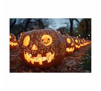 TERUEA Halloween Village Stampe Su Tela Da Parete Decorazioni Jack-o'-lantern illuminate in un parco notte Da Parete Pittura Su Tela Camera Da Letto Corridoio Bar (Arancia)-80x120cm1 Non incorniciato