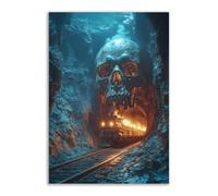 TERUEA HalloweenSu Tela Stampe Parete Decorazioni Un treno che entra in un tunnel pieno scheletri giganti, Parete Quadri Moderni Arte Per Camera Letto Soggiorno (Oro)-60x90cm1 Non incorniciato
