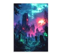 TERUEA Stampa su Tela Canvas Un cimitero con zombie che strisciano fuori dal terreno, Foglia Poster Fiori Arte murale Tela Pittura Immagini murali per soggiorno(Verde)-60x90cm1 Non incorniciato