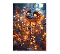TERUEA Stampa su Tela Canvas Un grazioso scheletro colorato che danza al chiaro luna, Foglia Poster Fiori Arte murale Tela Pittura Immagini murali per soggiorno(Oro)-70x100cm1 Non incorniciato