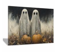 TERUEA Stampa zucca Halloween su tela stampata Due spiriti con velo bianco avvolto intorno al collo artistica camera da letto(Bianco)-70x100cm1 Incorniciato
