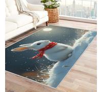 TERUEA Tappeto Salotto Grande Pelo Corto Moderno, Moquette Un coniglio bianco con una sciarpa rossa è seduto a terra, Tappeti Zerbino per La Camera da Letto, Tappetino 3D (Bianco)-150x210cm