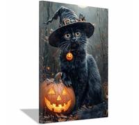 TERUEA Tela artistica da parete Halloween, Simpatici animali neri e un manico scopa, decorazione artistica da parete per casa, ufficio(Nero)-80x120cm1 Incorniciato