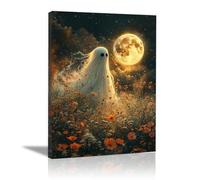 TERUEA Tela artistica Halloween Un fantasma che fluttua nell'aria, circondato fiori selvatici, per l'ufficio, la cucina, il bagno, la decorazione parete (Bianco)-30x45cm1 Incorniciato