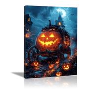 TERUEA Tela artistica Halloween Una carrozza zucca con un volto spettrale all'interno per l'ufficio, la cucina, il bagno, la decorazione parete (Arancione)-80x120cm1 Incorniciato