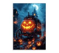 TERUEA Tela artistica Halloween Una carrozza zucca con un volto spettrale all'interno per l'ufficio, la cucina, il bagno, la decorazione parete (Arancione)-40x60cm1 Non incorniciato