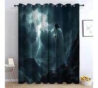 TERUEA Tende oscuranti per soggiorno Gesù in piedi su una collina con le mani alzate, camera, drappeggio argentati, beige/verde-A300 x L140 cm (2 Pannelli)