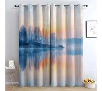 TERUEA Tende per Camera Tropicale Blackout Alba Lago Nebbioso Albero Scena Tende Termico Isolatonautico vintage motivo floreale stampa -A300 x L140 cm (2 Pannelli)