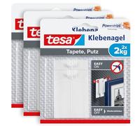 tesa 77776-00500-00 - Carta da parati e intonaco, 3 pezzi, superficie auto-sensibile, senza residui, portata fino a 2 kg per 3 x 2 chiodi adesivi, colore: bianco, 6 x 2,0 kg