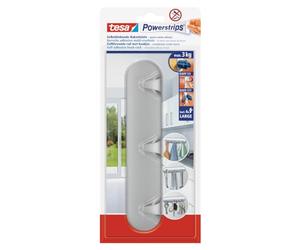 tesa Barra con Ganci Powerstrips - Cromo Opaco - Tenuta: 3 Kg | Gancio Autoadesivo in Plastica a 3 Ganci per Cucina e Bagno - Adatto per Asciugamani, Accessori da Bagno e Utensili da Cucina