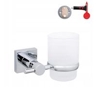 tesa Bicchiere per Spazzolini HUKK con Supporto - 125 x 95 x 90 mm | Portaspazzolini da Attaccare al Muro - in Vetro Satinato e Metallo Cromato - Soluzione Adesiva Inclusa